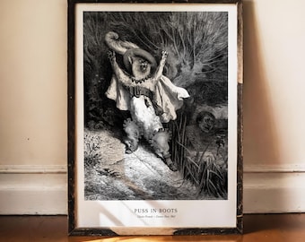Gustave Dore Puss in Boots Print, Charles Perrault Tale, Antique Engraving, Vintage Cat Illustration, Dark Academia Art, Fairy Tale Decor