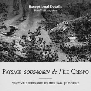 May include: Black and white illustration of an underwater scene with coral and marine life. The text "Exceptional Details" and "Paysage Sous-Marin de l'&Icirc;le Crespo" are visible. The image is from Jules Verne's "Vingt Mille Lieues Sous Les Mers (1869)."