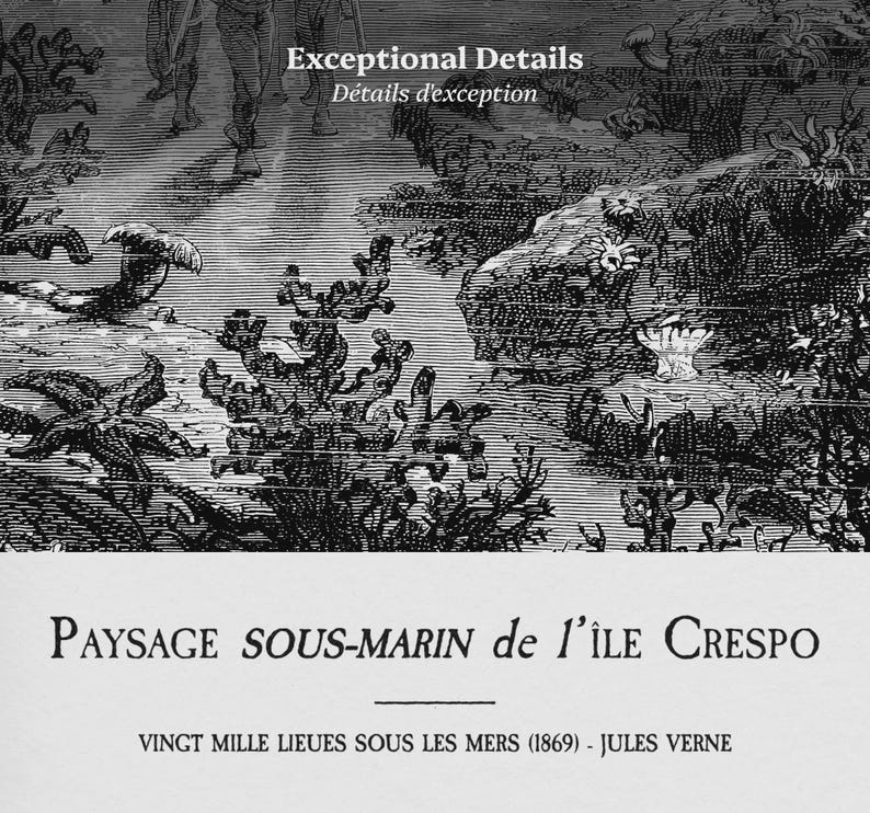 May include: Black and white illustration of an underwater scene with coral and marine life. The text "Exceptional Details" and "Paysage Sous-Marin de l'&Icirc;le Crespo" are visible. The image is from Jules Verne's "Vingt Mille Lieues Sous Les Mers (1869)."