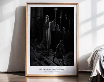 Gustave Dore-tryck, De dödas ljus, kyrkogårdskonst, gotisk dekor, mörk akademi, Will o'Wisp, kuslig väggkonst, folkloretryck, 1863