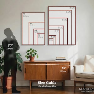 May include: A size guide for vintage art prints, featuring framed prints in various sizes, with measurements in inches and centimeters. The image includes a silhouette of a person, a wooden cabinet, and the text "Size Guide".