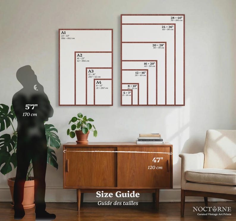 May include: A size guide for vintage art prints, featuring framed prints in various sizes, with measurements in inches and centimeters. The image includes a silhouette of a person, a wooden cabinet, and the text "Size Guide".