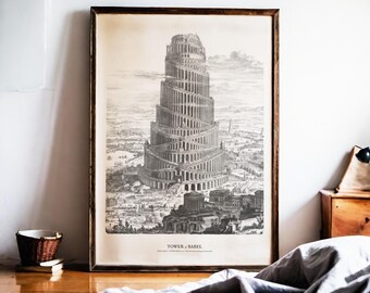 Tower of Babel Print, Athanasius Kircher 1679, Antique Architectural Engraving, Biblical Wall Art, Occult History, Dark Academia Decor