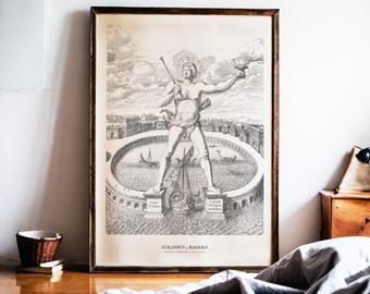 Colossus of Rhodes Print, Athanasius Kircher 1679, Seven Wonders Engraving, Ancient History Art, Occult Academic Decor, Dark Academia