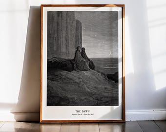 Gustave Dore Purgatorio Print, Dante Divine Comedy Canto IX, The Dawn Engraving, Celestial Crescent Moon Art, Dark Academia Decor, 1868
