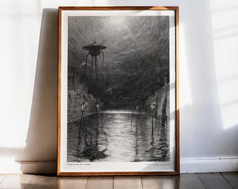 Martian Tripod over the Thames H.G. Wells War of the Worlds Drawing 1906 Print Henrique Alvim Correa Dark Academia SciFi Industrial Art