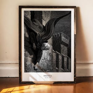 Dracula-Druck, Bram-Stoker-Kunst, Vampir-Wandkunst, Gotische Dekoration, Dark Academia, Makabres Poster, Horrorliteratur, Burggravur, 1897