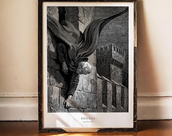 Dracula-tryck, Bram Stoker-konst, vampyrväggkonst, gotisk dekor, mörk akademi, makaber affisch, skräcklitteratur, slottsgravyr, 1897