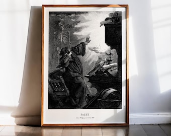 Faust-tryck, Johann Wolfgang von Goethe, Mefistofeles-konst, Ockult väggkonst, Mörk akademisk dekor, Alkemi-affisch, Djävulsgravyr