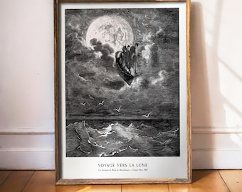 Gustave Dore-tryck, resa till månen, konst med flygande skepp, himmelsk väggkonst, fantasigravyr, Baron Münchausens nautiska tryck, 1862