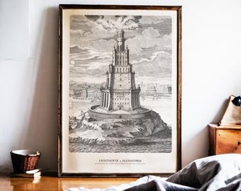 Lighthouse of Alexandria Print, Fischer von Erlach 1725, Seven Wonders of Ancient World, Antique Architectural Engraving, Dark Academia
