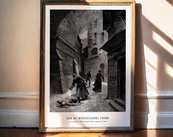 Jack the Ripper-tryck, Whitechapel-brottslighet, gotisk väggkonst, mörk akademisk dekor, viktoriansk gravyr, makaber affisch, konst med sanna brott, 1891