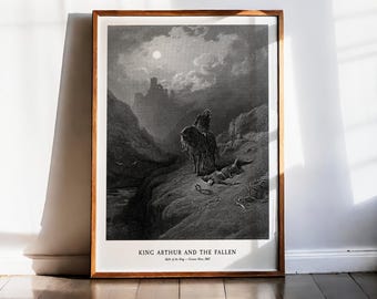 Gustave Dore King Arthur Print, Arthurian Legend Art, Dark Fantasy Engraving, Gothic Wall Decor, Idylls of the King, Antique Skeleton Art