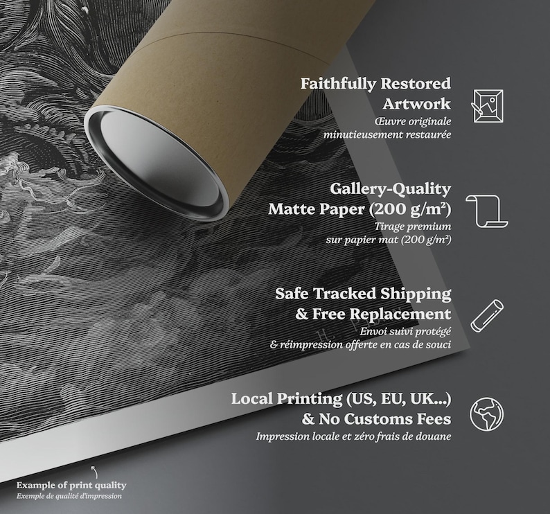May include: A rolled-up print with a black and white illustration, partially visible. The print is in a brown tube. Text on the image includes "Faithfully Restored Artwork" and "Gallery-Quality Matte Paper".