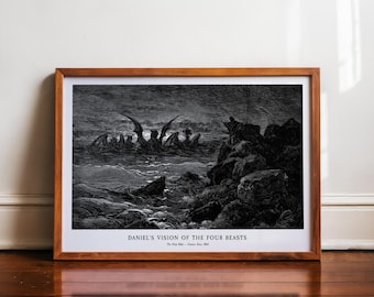 Gustave Dore Daniel Vision, Four Beasts Print, Apocalypse Art, Prophecy Engraving, Biblical Epic, Gothic Wall Decor, Dark Academia 1866