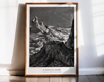 Månlandskapstryck, Camille Flammarion, Vintage astronomi, Månväggkonst, Mörk akademisk dekor, Himmelsgravyr, Krateraffisch, 1884
