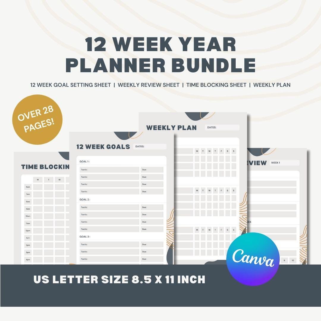 12 Week Year Planner Bundle | Editable Canva Template | 12 Week Planner ...