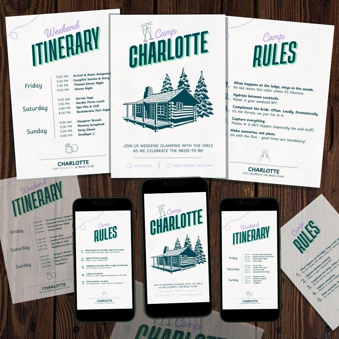 Weekender Rule Camp Bachelorette Template Bundle | Editable Canva Itinerary, Invite ...