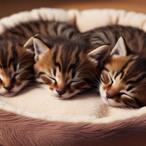 Puede incluir: Tres gatitos atigrados de color marrón y negro con los ojos cerrados duermen acurrucados juntos en una cama redonda para mascotas, de felpa y color tostado, con un forro interior suave de color crema. Los gatitos están alineados.