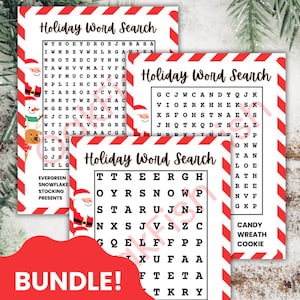 May include: A bundle of three "Holiday Word Search" puzzle sheets with red and white striped borders. Each sheet features a different difficulty level. The bundle includes a red speech bubble with the text "BUNDLE! 3 Difficulty Levels".