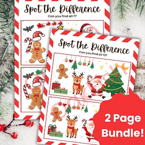 Puede incluir: Dos páginas de actividades navideñas de "Encuentra las diferencias". Las páginas presentan hombres de jengibre, bastones de caramelo, gorros de Papá Noel, renos y árboles de Navidad. El texto dice "Encuentra las diferencias" y "¿Puedes encontrar los 7?"