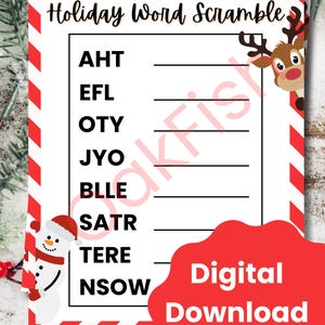 Può includere: Un gioco di ricerca di parole a tema festivo con un bordo a bastoncino di zucchero. Il gioco presenta un pupazzo di neve e una grafica di renna. Le parole sono mescolate e pronte per essere decifrate. Le parole sono AHT, EFL, OTY, JYO, BLLE, SATR, TERE e NSOW. Le parole sono su sfondo bianco con bordo rosso.