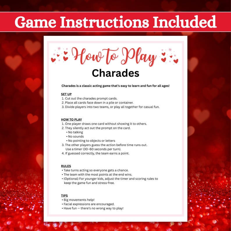 Valentine's Day Charades Game | 48 Acting Prompts (instant Download) - Etsy