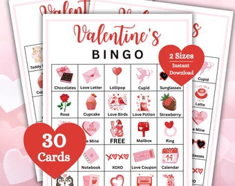 Juego de bingo de San Valentín para niños, adolescentes y adultos / Bingo imprimible / Juego para el aula, el trabajo y fiestas familiares / Descarga instantánea