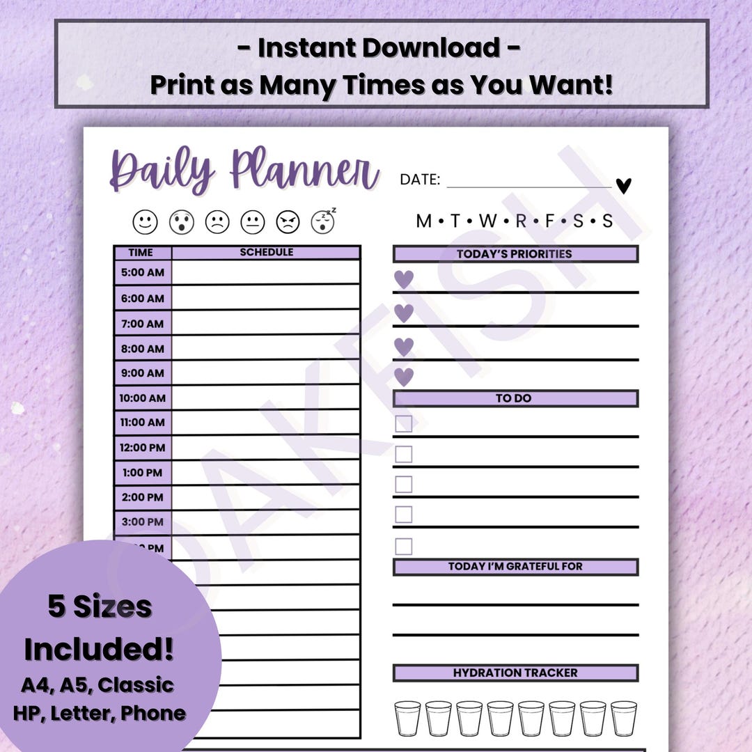 Purple Daily Planner - Instant Download - 5 Sizes Included - A4, A5 ...