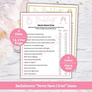 Puede incluir: Una tarjeta de juego rosa y dorada para despedida de soltera con el texto "Never Have I Ever". El juego incluye una lista de afirmaciones para marcar. La tarjeta también incluye el texto "2 Tamaños" y "1 y 2 Por Página".