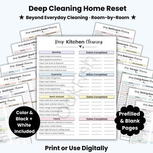 May include: Printable deep cleaning checklists, offering room-by-room guides for areas such as the kitchen, bathroom, and bedroom. The checklists are in black and white, with prefilled and blank pages available for use.