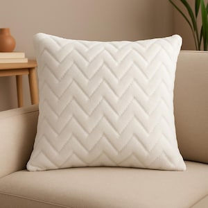 Cream White Fuzzy Throw Pillow Cover – Tuffed white pillow Soft Chevron Textured Cushion – Cozy white Home Decor – Fluffy Minimalist cushion