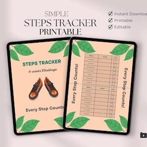 May include: Printable steps tracker with a 4-week challenge. The tracker has a light peach background with green leaves and a cartoon illustration of orange sneakers. The text "Every Step Counts!" is repeated throughout the tracker.