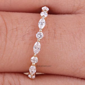 Alternating Lab Grown 2 MM Marquise and Round Cut Lab Grown Wedding Band, Half Eternity Band, Stackable Band, Shared Prong Bridal Ring