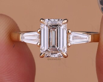 1.50ct Emerald Cut Lab Grown Diamond Three Stone Engagement Ring, IGI Certified E VVS2, Side Tapered Baguettes Trilogy Ring, Proposal Ring