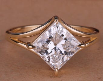2.5CT East West Set Princess Cut Lab Grown Diamond Ring, Princess Split Shank Engagement Ring, 14K Gold Wedding Ring, Promise Ring For Women