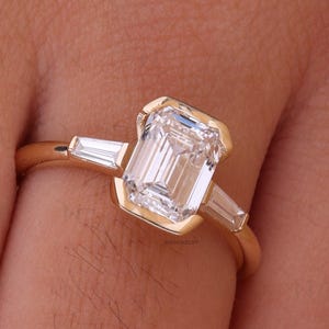 2.0 CT Emerald Cut E VVS2 Lab Grown Diamond Three Stone Engagement Ring, Tapered Baguette Side Diamonds, Half Bezel Art Deco Bezel Set Ring