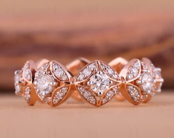 7.25 mm Wide Round Cut Diamond Flower Ring, 3/4 Eternity Band Ring, 18K Solid Rose Gold Floral Ring, Unique Anniversary Ring Gift for Her