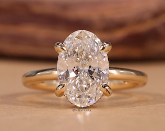 Classic Oval Cut Lab Diamond Engagement Ring, 14K Yellow Gold Hidden Halo Solitaire Ring, Proposal Ring, Promise Anniversary Gift for Her