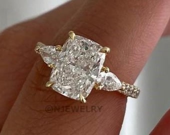 Three Stone Engagement Ring, Elongated Cushion Cut Diamond with Side Pear Cut, Lab Grown Diamond Wedding Ring, IGI Certified Ring for Her