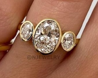 3.0 ct Oval Three Stone Diamond Engagement Ring, Bezel Set Diamond Ring, IGI Certified Lab Grown Diamond, Handmade 14K Yellow Gold for Women