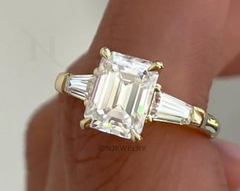2.5 ct Emerald Cut Three Stone Engagement Ring, Side Tapered Baguette, Lab Grown Diamond Ring, Cathedral Set Trilogy Ring, Anniversary Gift