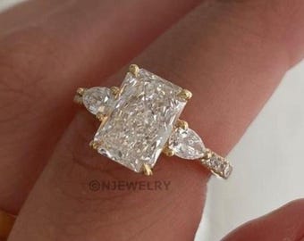 Radiant Cut Three Stone Ring, 3.0 CT Radiant Cut Lab Diamond Engagement Ring, Side Pear Cut, Unique Proposal Ring, Anniversary Gift for Her