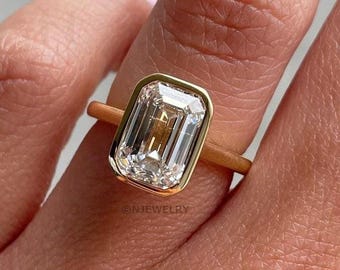 2.0 ct E VVS2 Clarity IGI CERTIFIED Emerald Cut Lab Grown Diamond Bezel Set Engagement Ring, Emerald Cut 14K Gold Anniversary Ring for Her