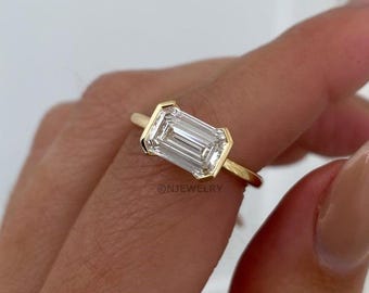 2.0CT East West Emerald Cut Lab Grown Diamond Engagement Ring, 14K Gold Half Bezel Solitaire CVD Diamond Ring, Unique Promise Gift for Her