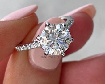 1.0 to 3.0 CT Round Cut Lab Grown Diamond Engagement Ring, Cathedral Style Micro Pave Set Ring, Solid Gold Classic Proposal Ring for Her