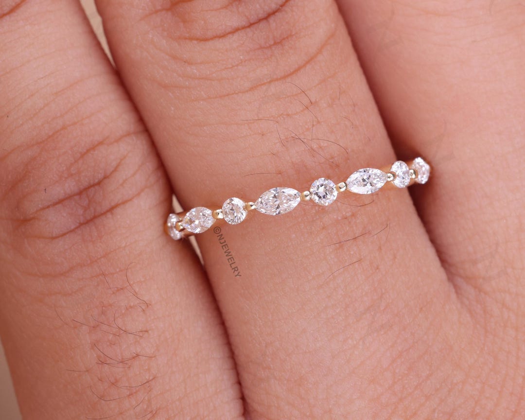 Lab Grown Diamond Wedding Band, Marquise and Round Cut, Half Eternity ...