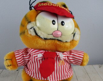 Garfield Plush toy Garfield the Orange Cat 1981 McDonald's uniform and visor 9" McDonald's Worker Garfield Visor fabric is worn in back