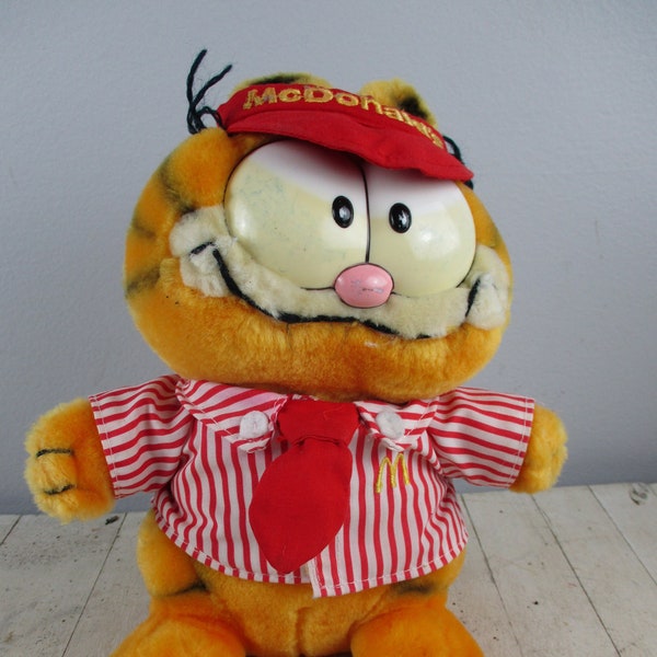 Garfield Plush toy Garfield the Orange Cat 1981 McDonald's uniform and visor 9" McDonald's Worker Garfield Visor fabric is worn in back