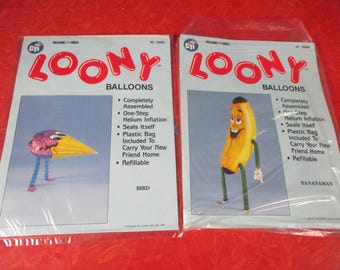 Vintage LOONY Balloons 1988 CTI Industries NOS Bananaman and Bird with Legs Refillable Helium Balloons